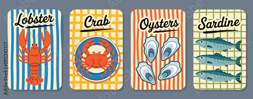 Seafood Poster Design with Lobster, Sardines, Oysters, and Crab Illustration, Vintage Coastal Restaurant Print for Market Menu, Fish Shop Advertising, and Nautical Wall Art