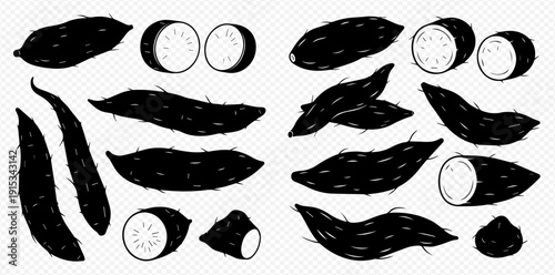 Set of black silhouettes of cassava root and sliced pieces, hand-drawn vector illustration for food and cooking designs.