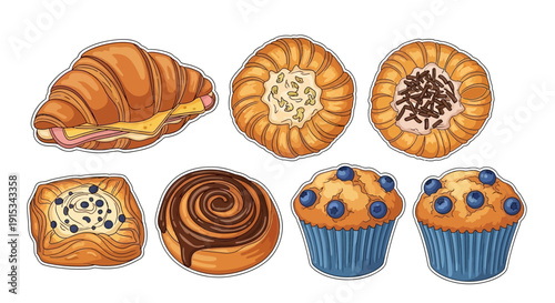Flat lay of assorted baked goods on a white background