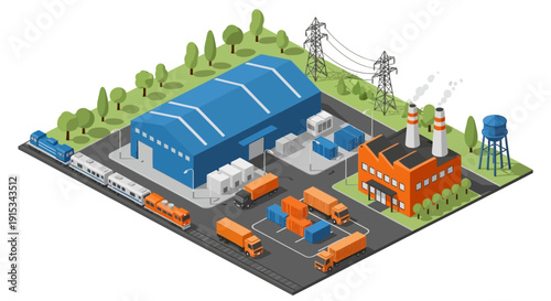 Isometric illustration of an industrial complex with trucks and warehouse
