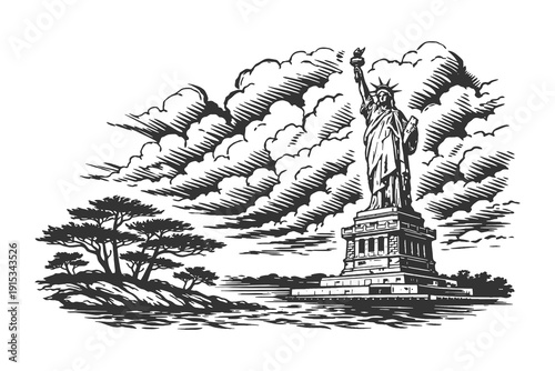 Statue of Liberty New York vector illustration in detailed hand drawn vintage engraving style, American symbol of freedom and landmark monument design.