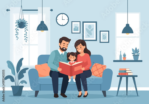 Happy Family Reading Book Together at Home – Parenting and Education Illustration