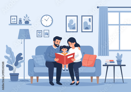 Happy Family Reading Book Together at Home – Parenting and Education Illustration