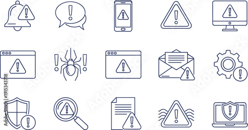 Cybersecurity line icons set, technical warning symbols, internet security silhouettes, data protection graphics, network alert vectors, system error tools, digital safety.