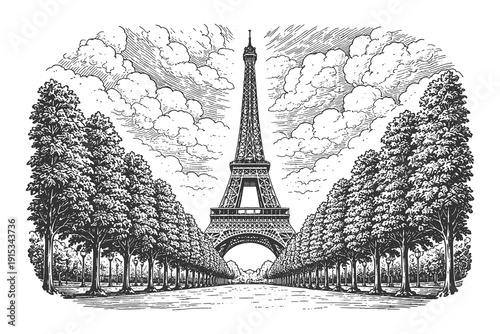 Iconic Eiffel Tower Paris vector illustration in vintage hand drawn engraving style with tree lined alley, French landmark architecture for travel design.