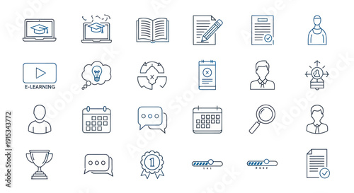 Online Education and Learning Icons Set: E-learning, Graduation, Study, Research