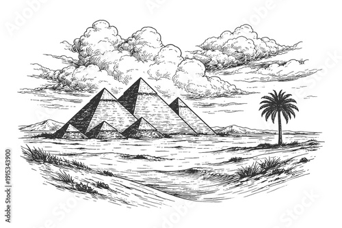Ancient Egyptian Great Pyramids of Giza vector illustration in vintage hand drawn etching style, desert landscape desert scenery for history concepts.