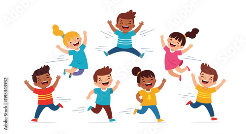 Playful children jumping and celebrating together vector illustration, colorful cartoon style with diverse kids characters expressing joy, friendship and active playtime, bright cheerful palette and r