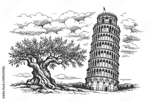 Vintage engraving vector illustration of the Leaning Tower of Pisa with olive tree, classic Italian landmark architecture sketch for travel design.