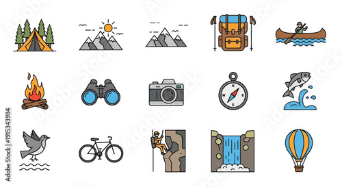 Outdoor Adventure Icons: Camping, Hiking, Fishing, Biking, Climbing, Travel Set