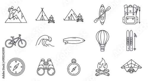 Outdoor Adventure Icons: Camping, Hiking, Kayaking, Skiing, Biking, Surfing, Travel