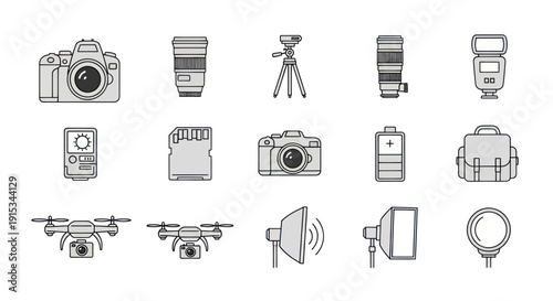 Photography Equipment Icons Set: Camera, Drone, Tripod, Flash, Battery, SD Card