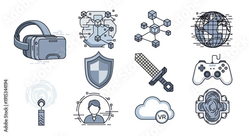 Pixel Art Technology Icons: VR, Blockchain, Gaming, Security, Cloud