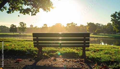 Serene park bench bathed in golden sunlight beside a calm lake at dawn