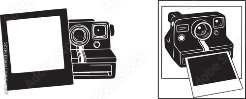 This is a black and white illustration of a vintage camera and instant photos vector silhouette