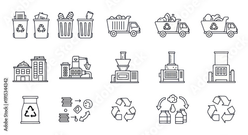 Recycling Industry Icons: Waste Bins, Trucks, Factories, and Processes