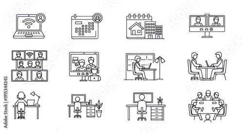 Remote Work and Online Meeting Icons: Collaboration and Freelance Lifestyle