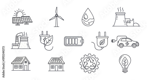 Renewable Energy Icons Set: Solar, Wind, Water, Electric Car, Battery, Eco Plug