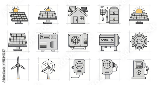 Renewable Energy Icons: Solar Panels, Wind Turbine, Battery, Smart Grid Technology