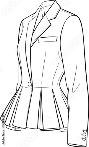 Elegant women peplum blazer line art illustration with tailored fit, formal jacket outline isolated on white background for fashion design template and apparel sketch