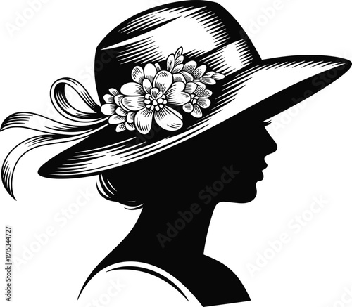 Elegant woman silhouette wearing wide brim hat with floral decoration, vintage black and white engraving illustration isolated on white background for fashion design