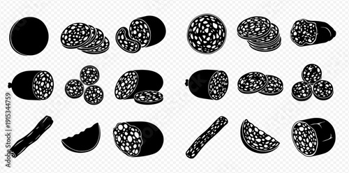 Black and white silhouette of various blood sausage cuts, including whole, sliced, and half pieces, for food and culinary designs.