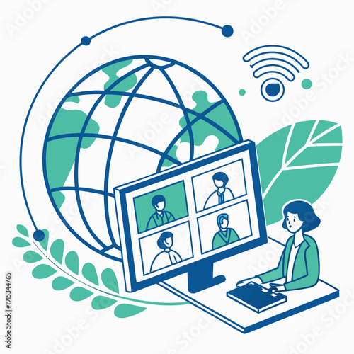 Woman conferencing with four people on computer screen globe background conference