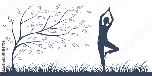 Woman in tree pose yoga on grass with tree meditation