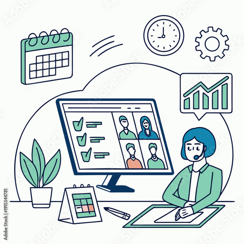 Woman in green shirt with blue hair on computer with conference on screen and various office