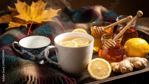 Warm still life of steaming lemon tea with honey ginger and lemons on a cozy plaid blanket for World Homeopathy Day