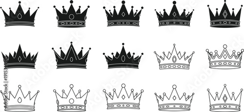 Crown icons set, royal king symbols, queen tiara silhouettes, majestic imperial headwear, luxury prize vectors, gold jewelry graphics, monarch authority illustrations, premium quality.