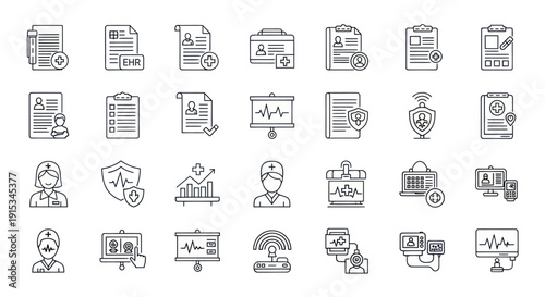 Medical Health Icons: Digital Healthcare, EHR, Patient Records, Insurance