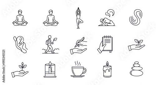 Mindfulness, Yoga, Meditation, Self-Care, Wellness Lifestyle Icons Set