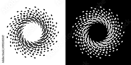 Abstract background with abstract line pattern in circles. Spiral art design as a logo or icon. A black figure on a white background and the same white figure on a black side. Mandala design with line