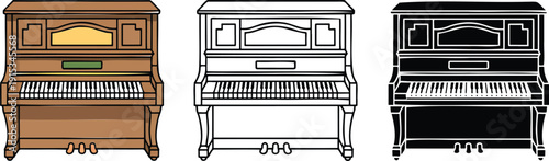 Grand piano silhouette & Outline and illustration set isolated on transparent background