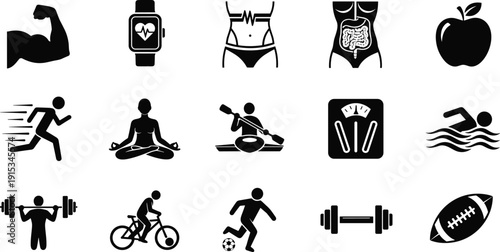 Professional sports and healthy lifestyle icon set featuring anatomy, weightlifting, yoga, swimming, cycling, soccer, rowing, football, and fitness tracking symbols.