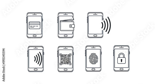 Mobile Payment Icons: Smartphone with Credit Card, Wallet, QR Code, Fingerprint, Lock