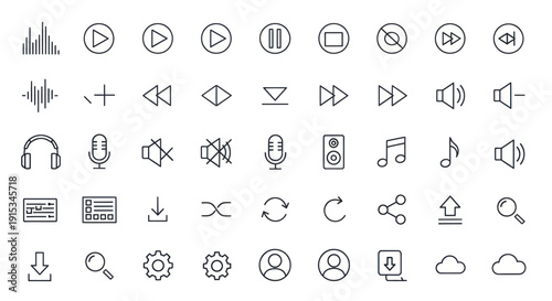 Music Player Icons Set: Play, Pause, Volume, Soundwave, Volume Icons