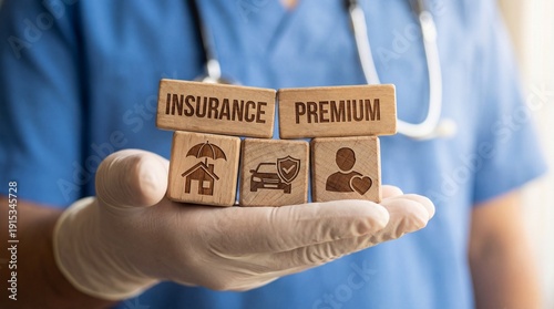 Healthcare professional holding insurance premium blocks
