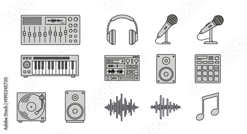 Music Production Equipment Icons: Mixer, Keyboard, Microphones, Headphones, Speakers