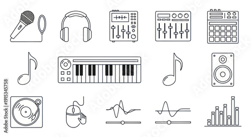 Music Production Icons: Microphone, Headphones, Mixer, Keyboard, DJ Turntable