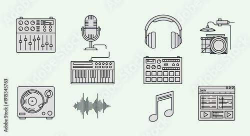Music Production Icons: DJ Turntable, Mixer, Keyboard, Microphone, Headphones