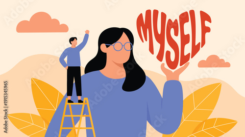 Self Confidence Concept Illustration with Woman Holding Muscle Word and Man Standing on Ladder Motivational Growth Vector Art