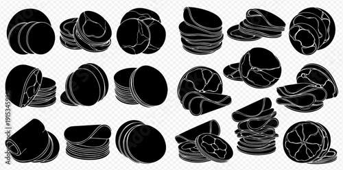 Set of black silhouettes of various citrus fruit slices and whole fruits, including lemons, oranges, and limes, on a transparent background.