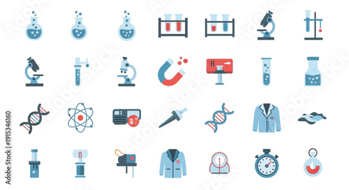 Colorful science icons depicting chemistry biology and physics equipment high quality