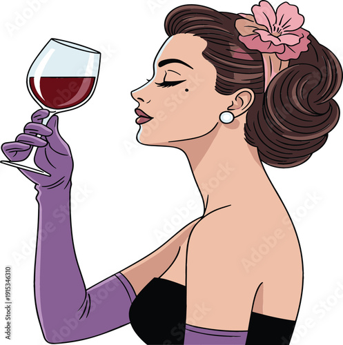 Elegant retro woman in vintage dress and gloves holding glass of red wine isolated on white background for lifestyle and luxury branding.