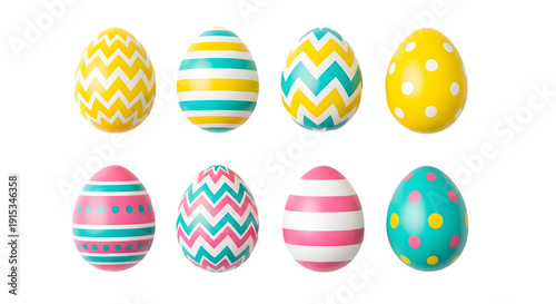 Easter eggs decorated with various patterns isolated on transparent background