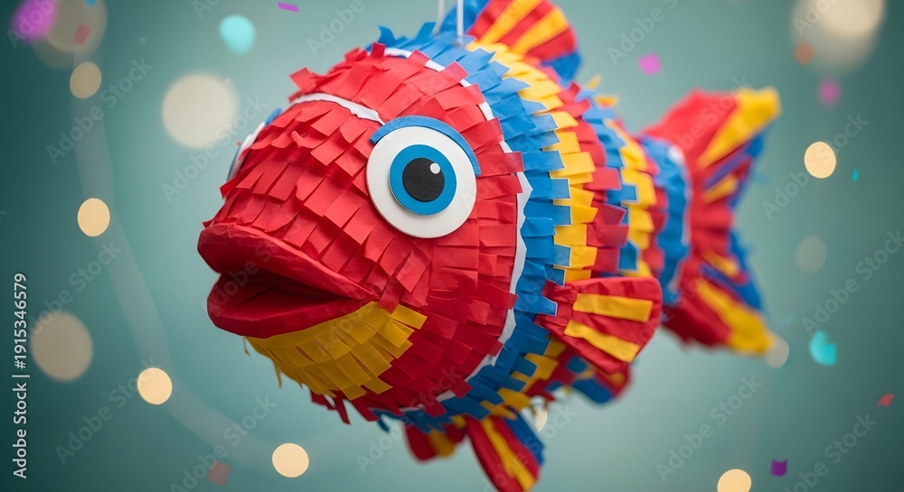 Fototapeta premium Colorful fish-shaped piñata hanging against a teal background with bokeh lights
