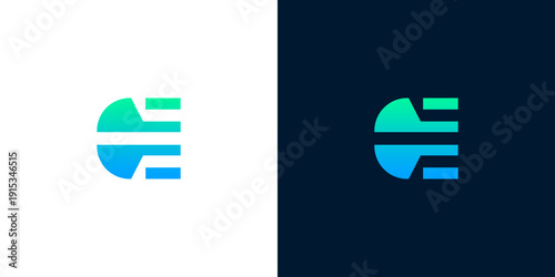 Modern abstract letter E logo design with gradient blue and green colors on white and dark backgrounds