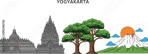 Yogyakarta Indonesia travel illustration featuring Borobudur temple Prambanan temple banyan trees and Mount Merapi volcano isolated on white background for tourism design.